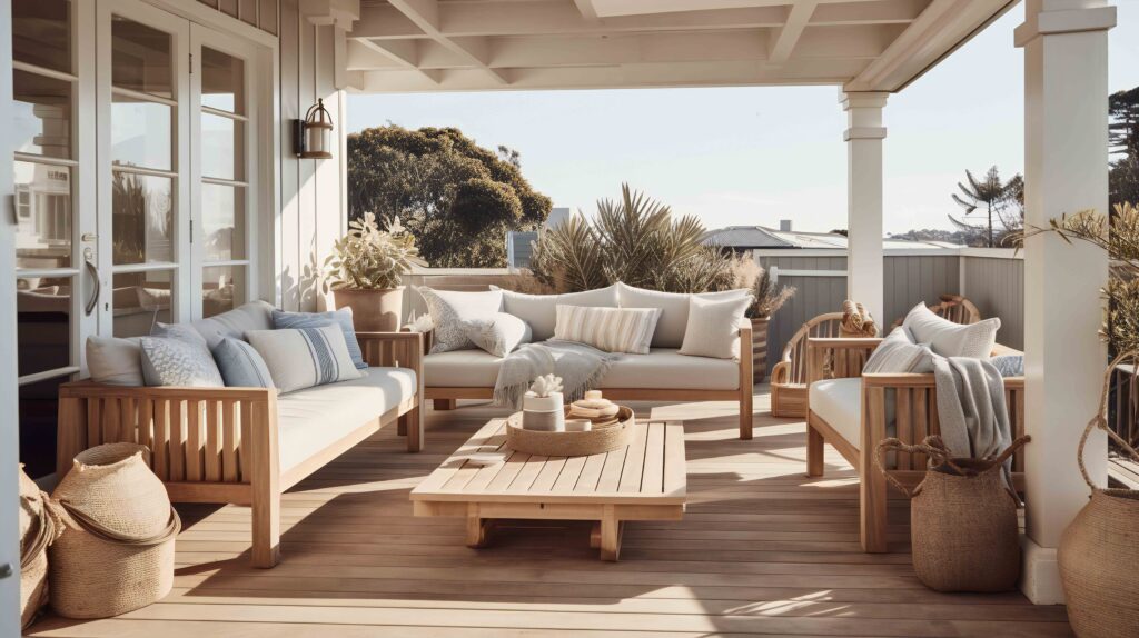 Coastal garden terrace patio outdoor, with wood and fabric blue