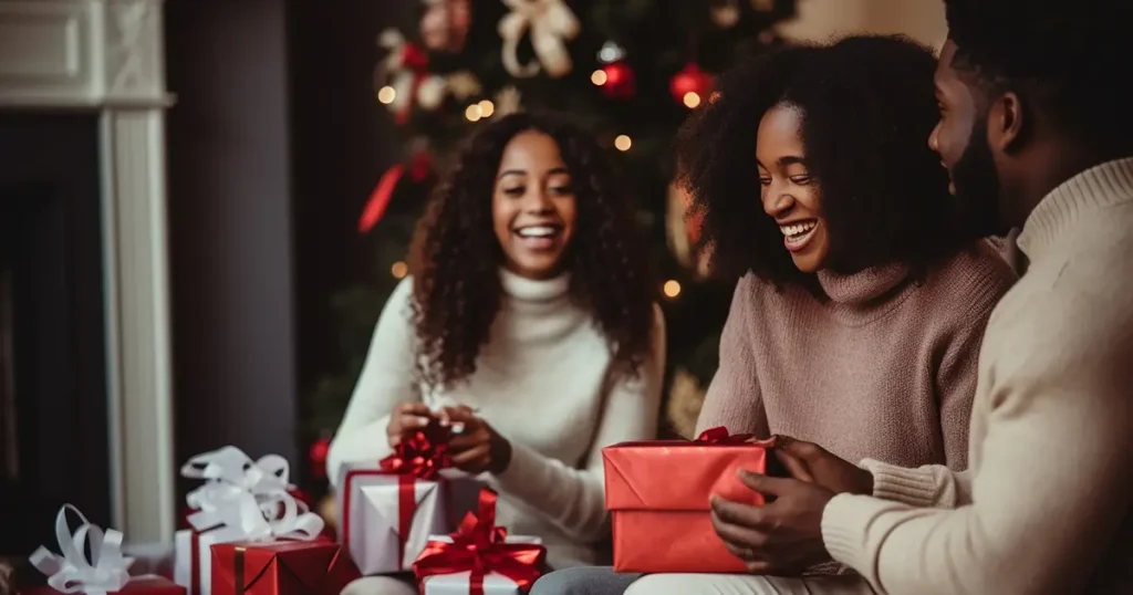 A joyful family exchanging holiday gifts in a warmly decorated living room with a Christmas tree in the background, creating a cozy atmosphere.