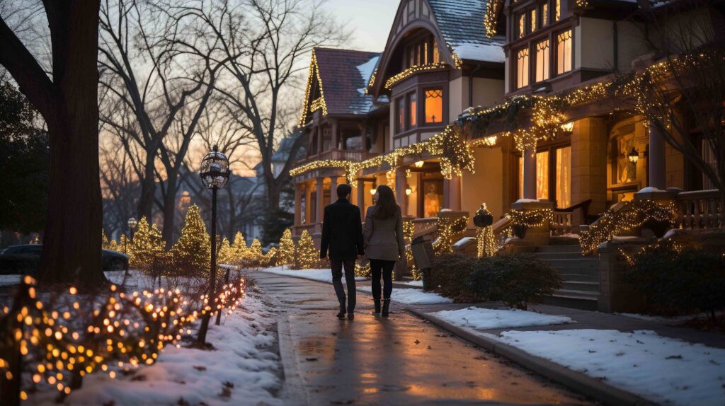 Couple Walking Among Beautifully Decorated Christmas Themed Houses on A Winter Evening.