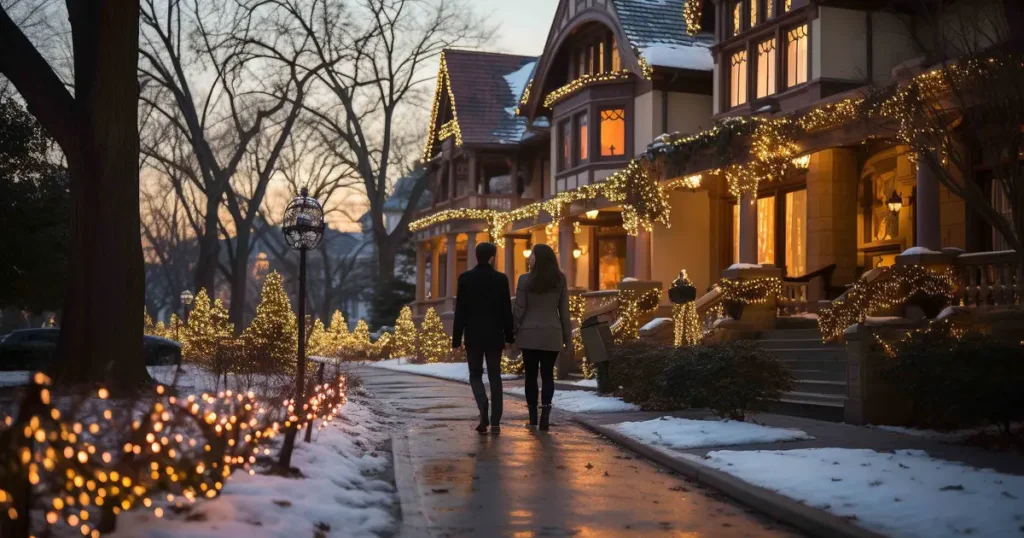 A couple walks hand in hand down a snowy sidewalk lined with festive holiday lights, admiring a beautifully decorated house at dusk.