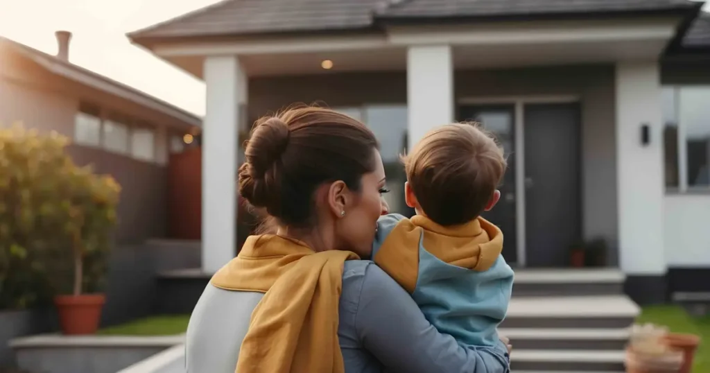 A mother holding her young child looks towards their new modern home, symbolizing a fresh start and homeownership dreams coming true.