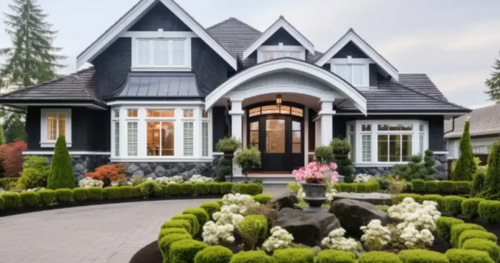 A luxurious modern home with a beautifully landscaped front yard, featuring trimmed hedges, blooming flowers, and a curved walkway leading to the entrance.