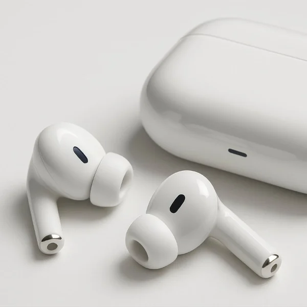 A pair of AirPods laying on a table next to their case.