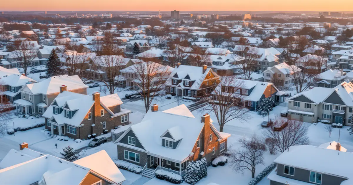 Aerial view of snow-topped houses